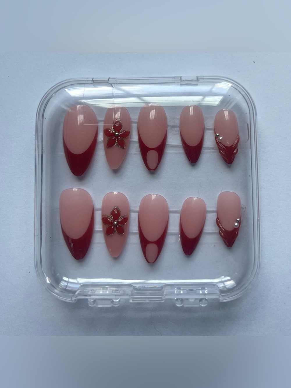 Pressed Nude & Burgundy Floral Accent Press-On Nails